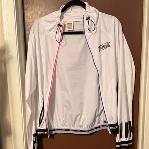 PINK Victoria's Secret White Bomber Jacket with Red & Blue Zippers